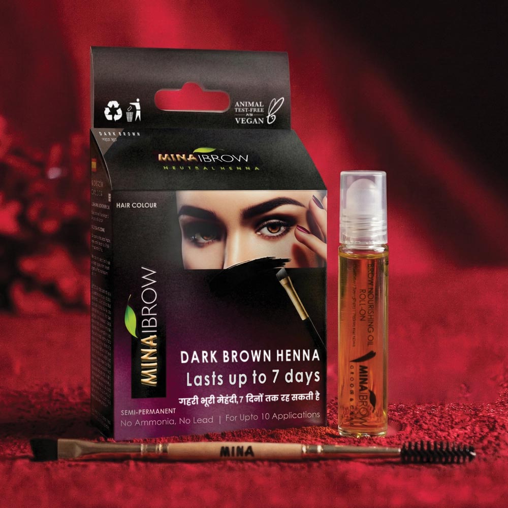 Mina Ibrow Dark Brown Henna Colour, Nourishing Oil, and Mascara Brush Combo